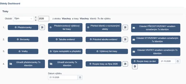 Tisky, hromadné úhrady a rozesílání e-mailem v modulu Obědy