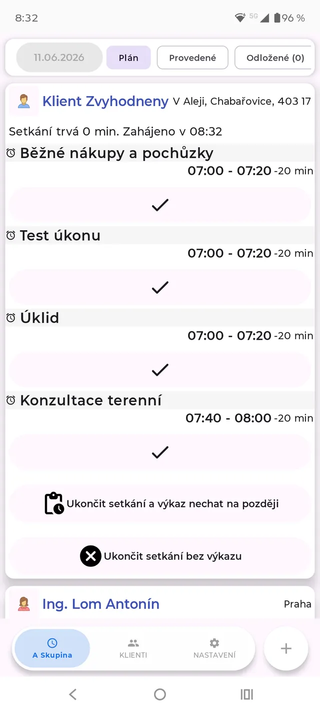 Setkání u klienta s úkony v mobilní aplikaci Pečovatelka Deluxe